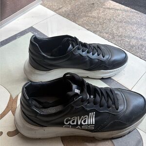 Cavalli Class Black Leather Men's Low-Top Sneakers with White Sole